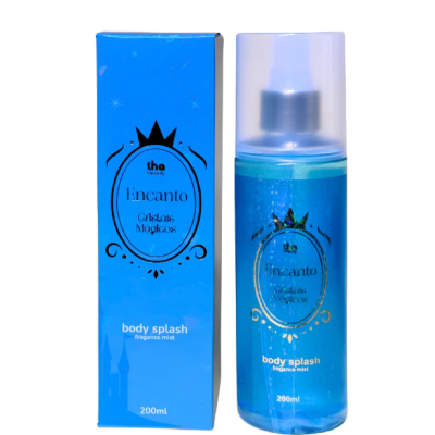 Body splash fragrance mist azul Encanto Cristais Mágicos da tha beauty com embalagem e frasco