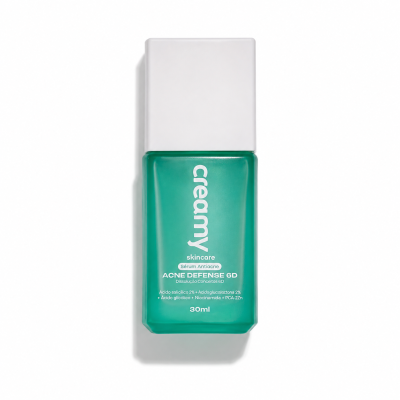 Frasco de sérum antiacne verde com tampa branca e texto branco
