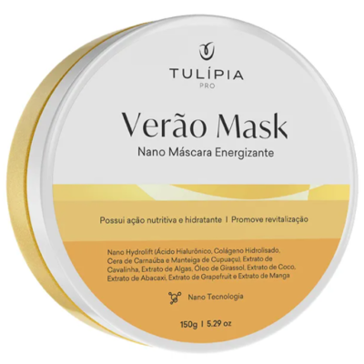 Embalagem redonda branca e amarela de máscara facial Tulípia Pro Verão Mask
