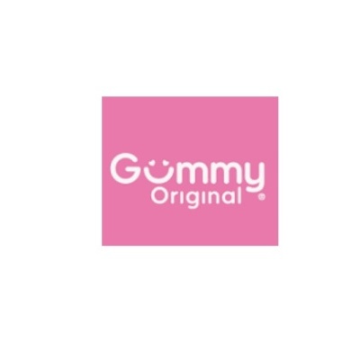 Logótipo com fundo cor de rosa e texto branco Gommy Original