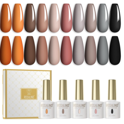 Conjunto de vernizes de gel ROSALIND com caixa e paleta de cores em tons neutros e escuros