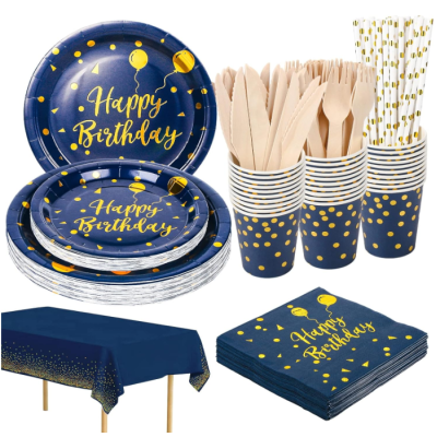 Conjunto de artigos de festa azul com dourado e texto Happy Birthday