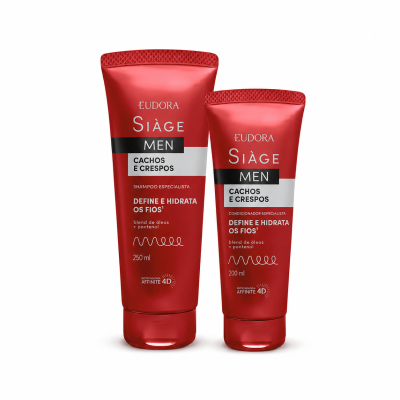 Produtos Eudora Siàge Men para cachos e crespos em embalagens vermelhas, shampoo e condicionador.