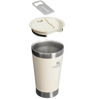 Copo térmico Stanley inox creme com tampa e etiqueta