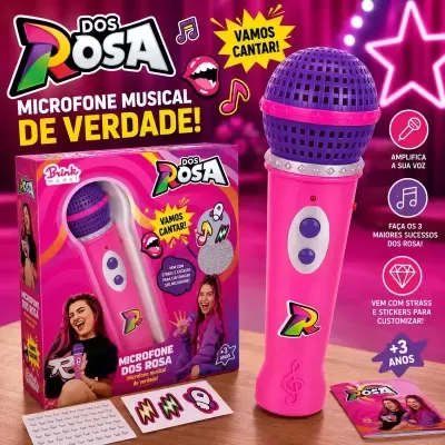 Microfone musical rosa e roxo com autocolantes e strass para personalização em embalagem rosa