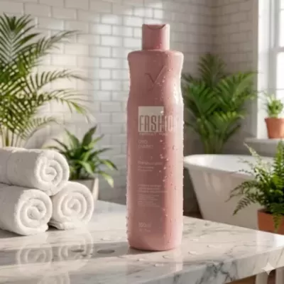 Frasco rosa com texto FASHION uso diário, toalhas brancas enroladas e plantas verdes