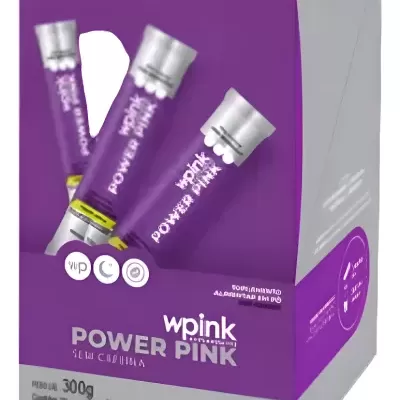 Caixa roxa e cinza com sachês de produto 'wpink POWER PINK'