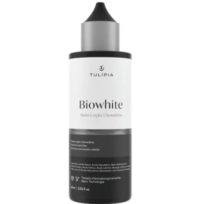 Frasco branco e preto de loção Biowhite da Tulípia