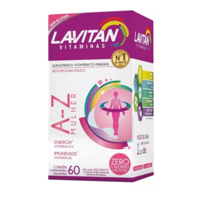 Caixa do suplemento vitamínico-mineral Lavitan A-Z Mulher com 60 comprimidos.