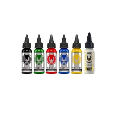 Seis frascos de tinta para tatuagem com tampas de bico em várias cores