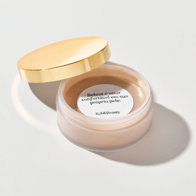 Frasco de produto de beleza com tampa dourada removida sobre fundo branco