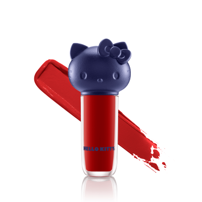 Batom líquido vermelho com tampa azul em forma da cabeça da Hello Kitty