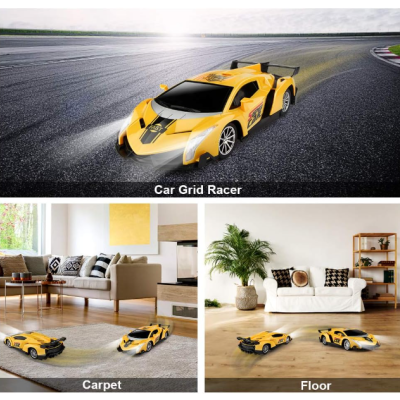 Carro brinquedo amarelo tipo corrida em diferentes superfícies