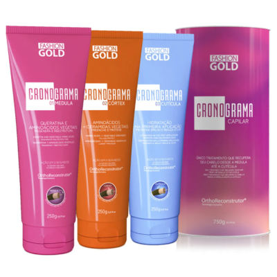 Conjunto de produtos de cuidado capilar Fashion Gold com três tubos coloridos e embalagem cilindrica rosa