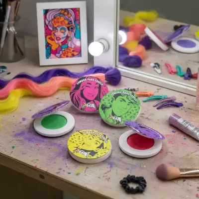 Três sombras para cabelo coloridas sobre mesa artística com peruca, espelho, pincéis e pregadeiras