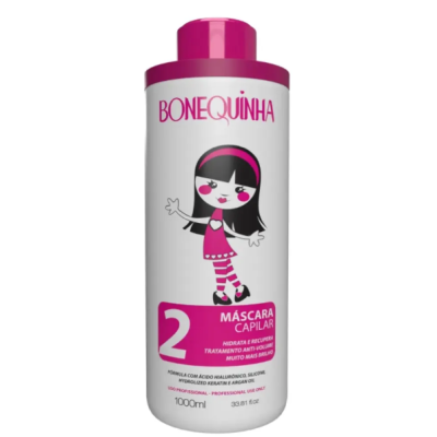 Frasco branco e rosa de máscara capilar Bonequinha com ilustração de boneca
