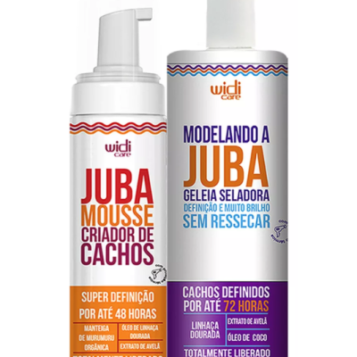 Dois produtos Widi Care para cabelos encaracolados, mousse e geleia seladora, com textos e cores variadas