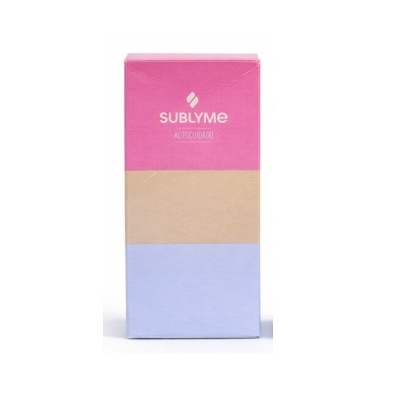 Embalagem retangular colorida com texto SUBLYME AUTOCUIDADO