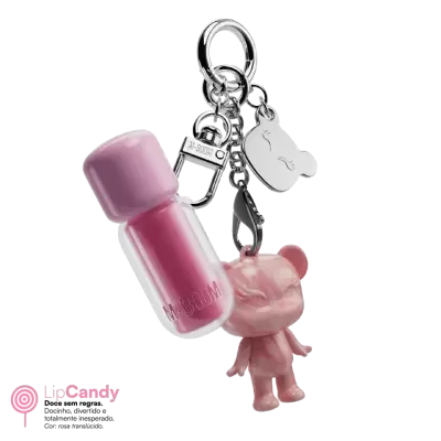 Chaveiro com frasco rosa M-BOOM, ursinho rosa marmoreado e placa prateada com olhos desenhados