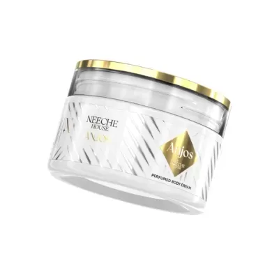 Frasco de creme perfumado para o corpo branco e dourado com padrão diagonal.