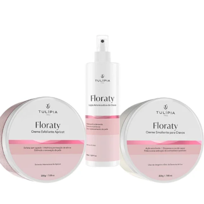 Produtos cosméticos Tulípia Floraty em embalagens brancas e rosa