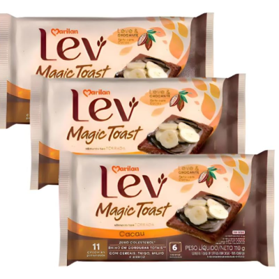 Pacotes de tostas Lev Magic Toast sabor cacau em embalagem creme e castanha