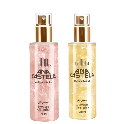 Dois frascos de desodorizante colónia splash Ana Castela rosa e amarelo com tampa dourada spray