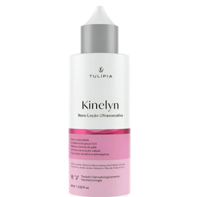 Frasco branco de loção com tampa cinza e rótulo rosa e branco da Tulípia Kinelyn