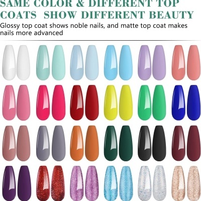 Amostras de unhas artificiais coloridas com diferentes acabamentos em fundo branco