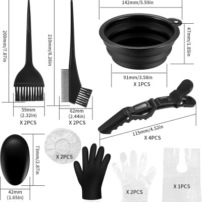 Kit de acessórios para coloração de cabelo com pincéis, tigela, clips, luvas, toucas e avental