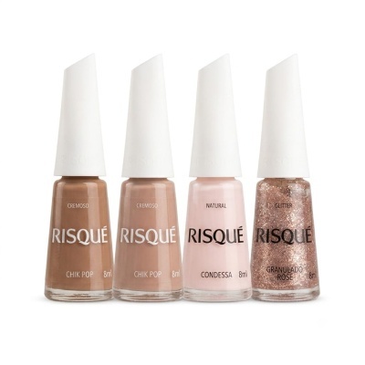 Quatro frascos de verniz de unhas RISQUÉ em várias cores com tampa branca