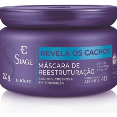Pote roxo de máscara capilar Eudora Siàge 250 g com texto em branco e azul