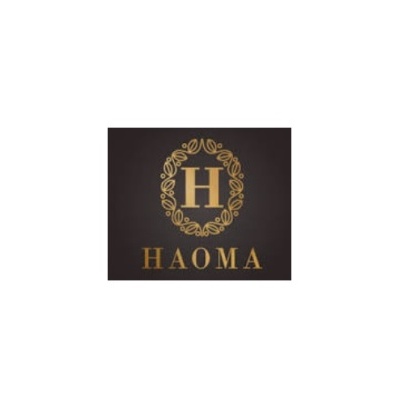 Logotipo com letra H dourada e decoração circular e palavra HAOMA em fundo castanho escuro