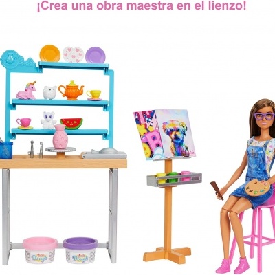 Conjunto de brinquedos de pintura e cozinha com mesa, prateleira, cavalete, tintas e boneca a pintar