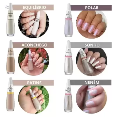 Seis vernizes Impala com cores e unhas pintadas correspondentes em frascos brancos com tampa cónica.