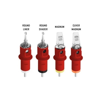 Quatro pontas para máquina de tatuagem em vermelho com etiquetas e tipos indicados