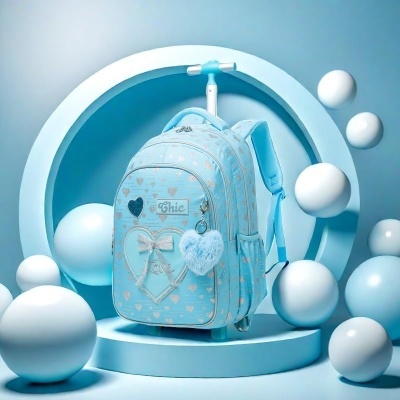 Mochila azul de rodinhas com padrão de corações e adorno de laço