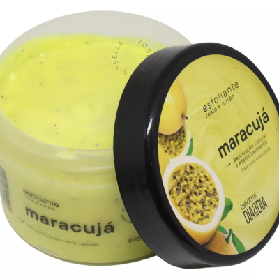 Esfoliante maracujá rosto e corpo em pote amarelo com tampa preta