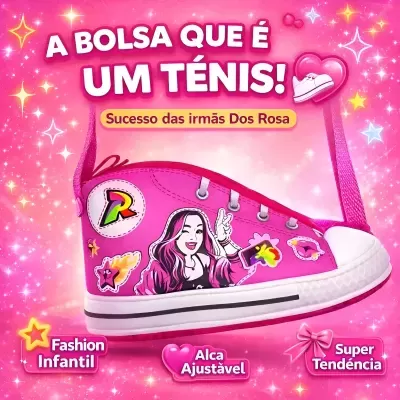 Saco rosa formato ténis com alça ajustável e desenhos coloridos para crianças