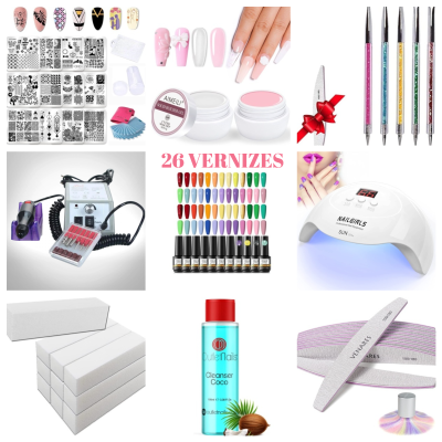 Produtos para manicure e nail art incluindo unhas postiças, pincéis, esmaltes, lâmpada UV, limas e blocos de polimento.