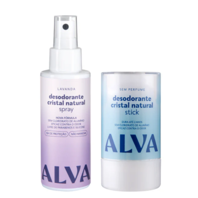 Dois desodorantes ALVA cristal natural, spray lavanda e stick sem perfume