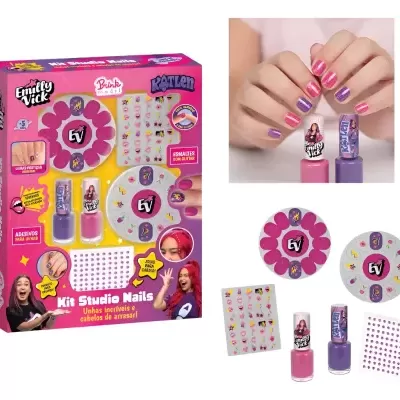 Kit Studio Nails Emily Vick com vernizes rosa e roxo e adesivos para unhas