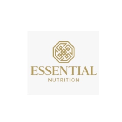 Logotipo ESSENTIAL NUTRITION em dourado com símbolo geométrico octogonal