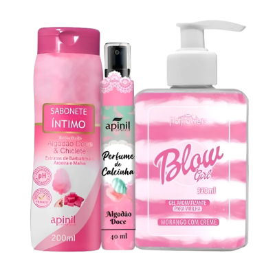 Conjunto de sabonete íntimo, perfume de calcinha e gel aromatizante em embalagem rosa e branca