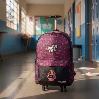 Mochila rosa e preta com roda e alça extensível em corredor escolar