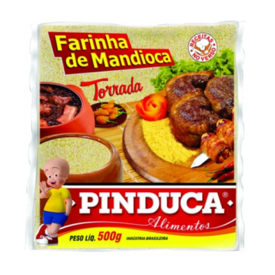 Pacote de farinha de mandioca torrada Pinduca 500g colorido com imagens e texto