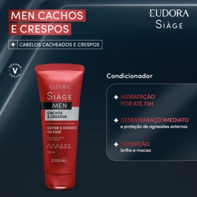 Condicionador Eudora Siàge Men Cachos e Crespos em embalagem vermelha e preta com texto informativo em fundo azul escuro