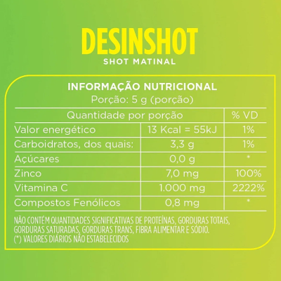 rótulo nutricional do DESINSHOT SHOT MATINAL com fundo amarelo