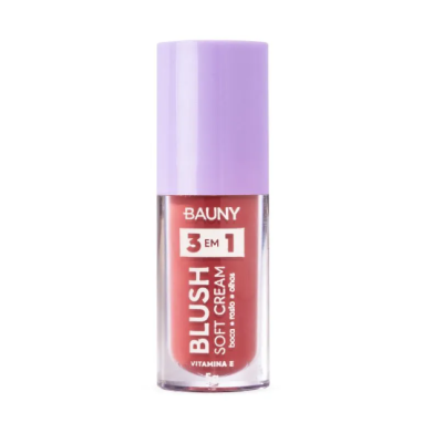 Blush em creme BAUNY com tampa roxa e frasco transparente mostrando o produto vermelho