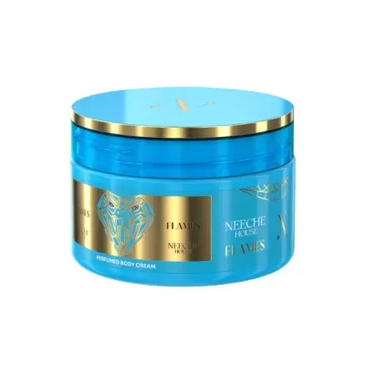 Frasco azul translúcido com tampo azul e detalhes dourados de creme corporal